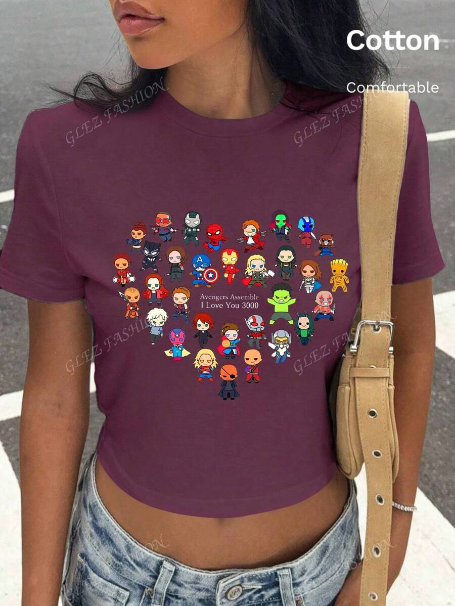 Marvel Modello "Avengers Assemble", maglietta da donna casual, corta, primaverile ed estiva, sexy da donna per le vacanze di primavera, 100% cotone, maglietta Y2K, streetwear