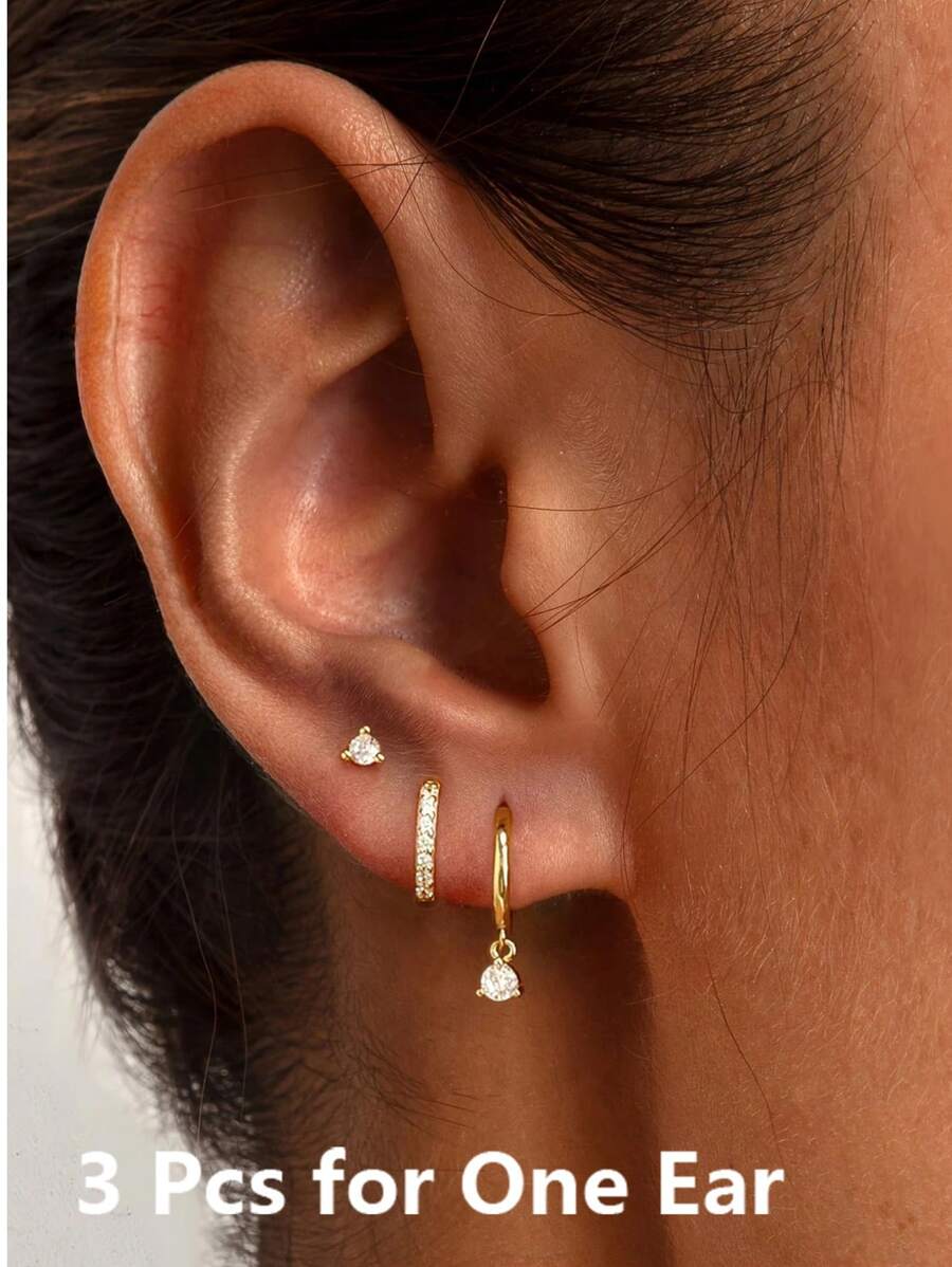 3pcs Fashionable Minimalist Cubic Zirconia Huggie Hoop Earrings Set, High Quality Brass Huggie Hoops, Elegant And Simplistic Women's Hoops, Suitable For Vacation, Daily Wear, Birthday Gifts And More