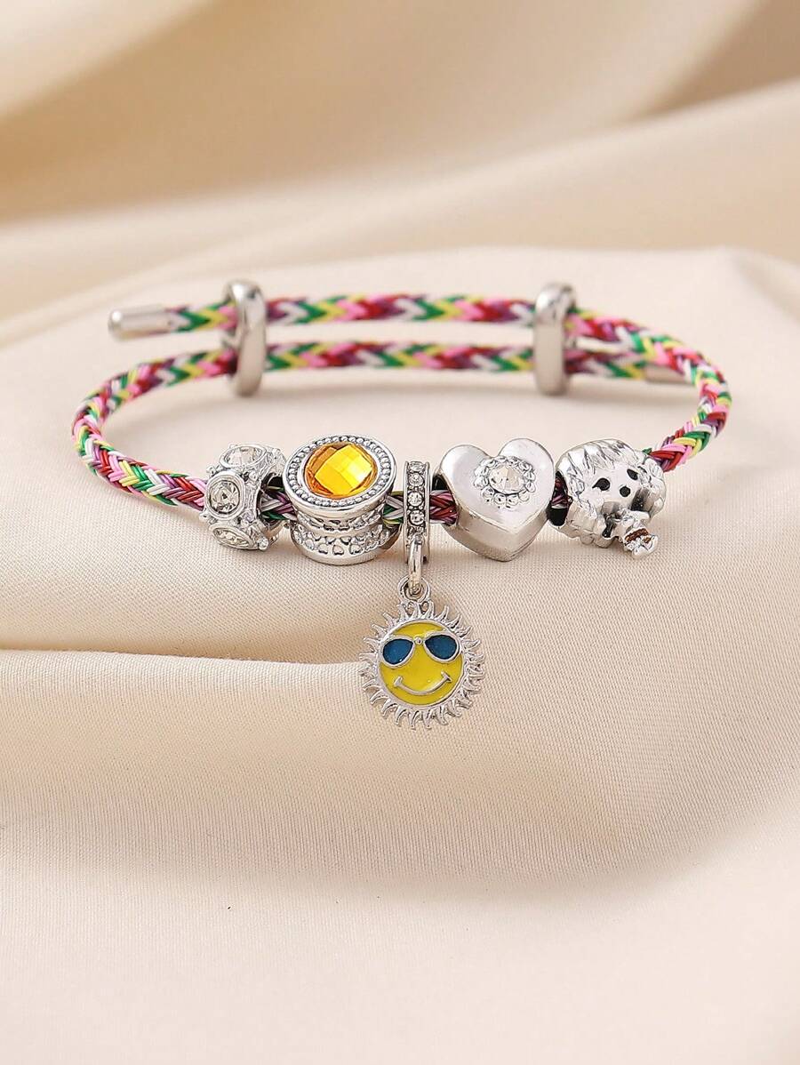 1 peça Pulseira/pulseira ajustável casual com contas de aço inoxidável, pintada a óleo, com estampa de sol e coração, corda de cobre, adequada para mulheres, uso diário, festa, uso casual, presente de volta às aulas