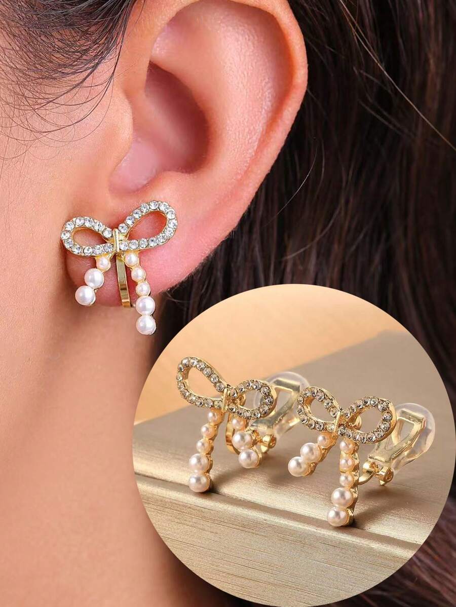 1 Paar modische, mit Perlen und Strass besetzte Schleifenclip-Ohrringe, Qualität auf hohem Niveau, schlankender Effekt, geeignet für den täglichen Gebrauch von Frauen und als Festivalgeschenk