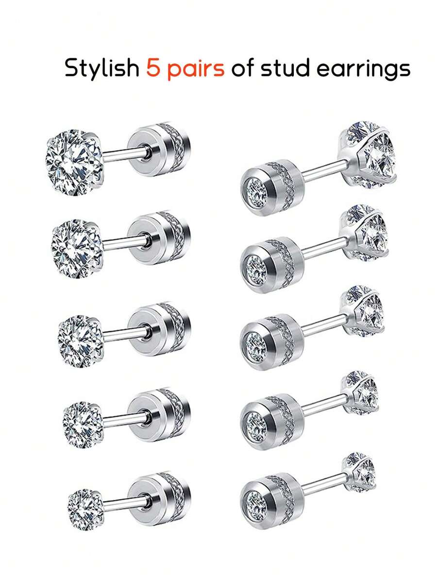 5/1 Pair Of Titanium Steel Earrings For Sensitive Ears, 2-6mm White Zirconia Spiral Earrings Flat Back Earrings For Men And Women, Hypoallergenic Surgical Steel Cartilage Earrings Se
