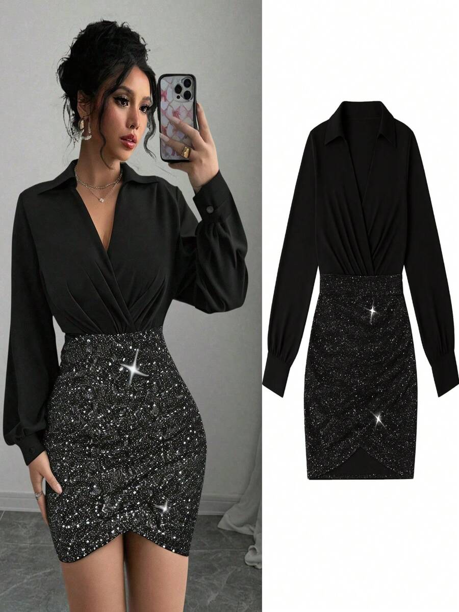 Completo da donna slim fit con vestito aderente nero goffrato, elegante abito da sera con camicia e minigonna, adatto per primavera/estate/autunno