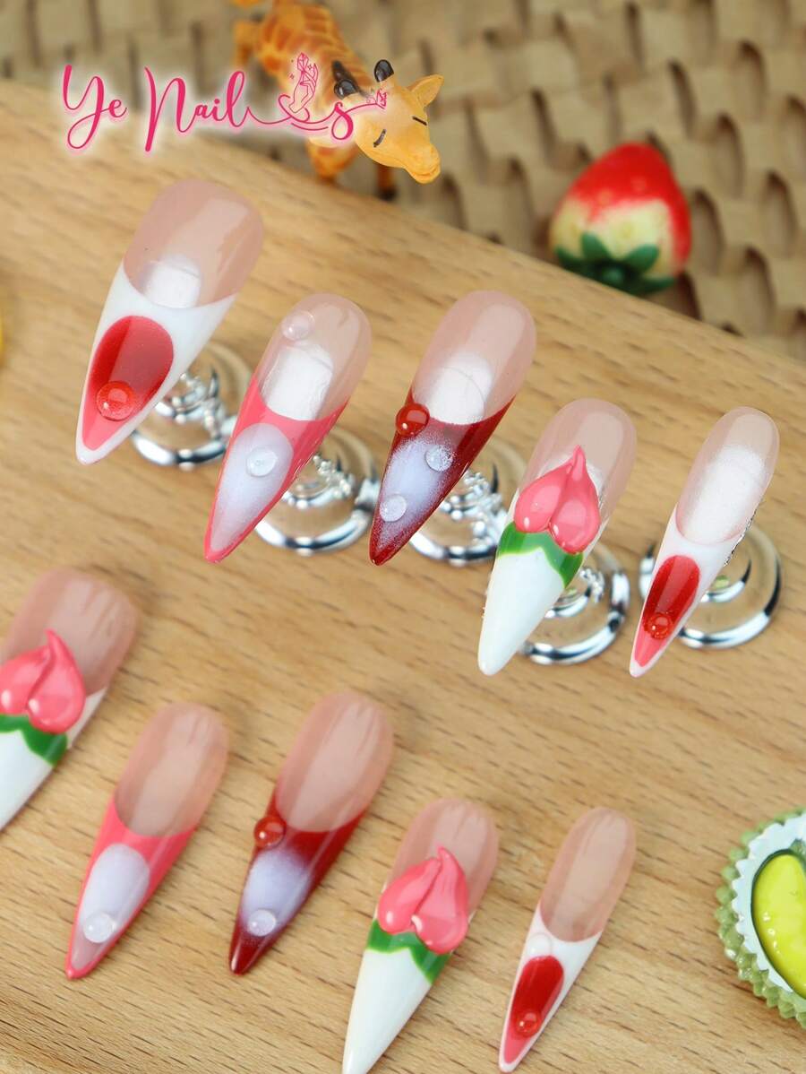Add A Touch Of Romance With 10pcs Stiletto Shape Y2K Classic French Tips Gradient White And Red Japanese Style Full Coverage Fake Nails Set Creative Summer 3d Three-Dimensional Decoration Peach Novelty Funny Full Cover Press On Nails Kit For Women And Girls With 1pc Mini Nail File & 1 Sheet Adhesive Tabs