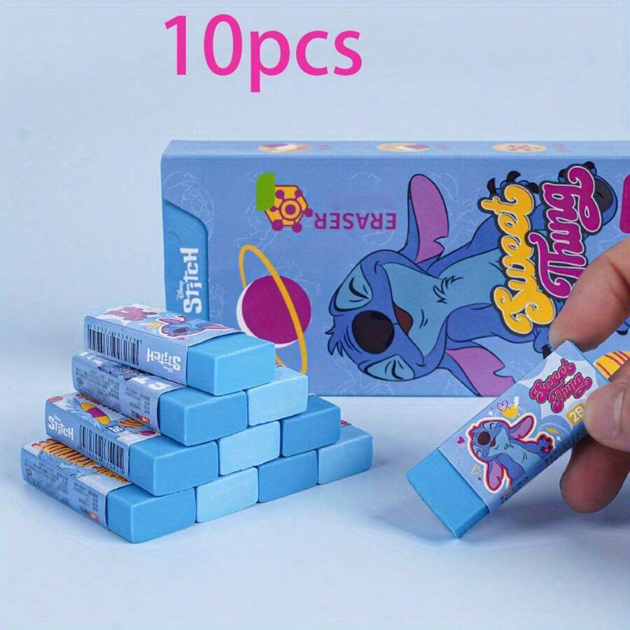 Caja de 10 gomas de borrar con diseño del personaje Stitch de Disney, portátiles, inodoras, duraderas y fáciles de limpiar, útiles escolares | Gomas de borrar de goma natural | Herramienta de limpieza eficiente