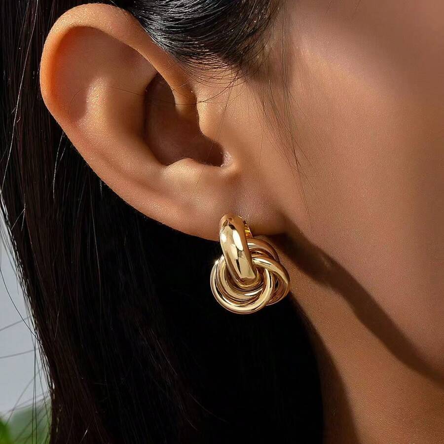 1 Pair Stylish Golden Geometric Double Circle Earrings, Retro Fashion Earring Studs Suitable For Weddings, Galas, Music Festivals, Holidays