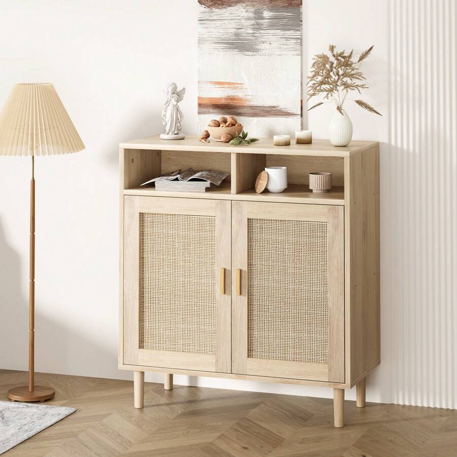 Credenza a buffet, mobile da cucina in rattan con 2 ante, mobile moderno per sala da pranzo, soggiorno, ingresso, bar, tavolo consolle per l'arredamento della casa.