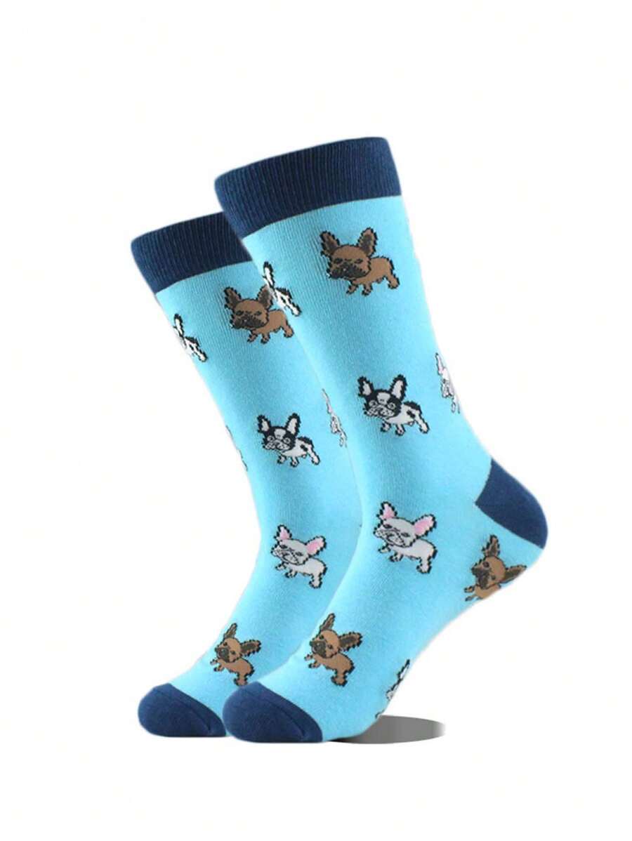 1 par de calcetines medianos para hombres con estampado de perro de dibujos animados, cómodos de usar, opción perfecta para hombres