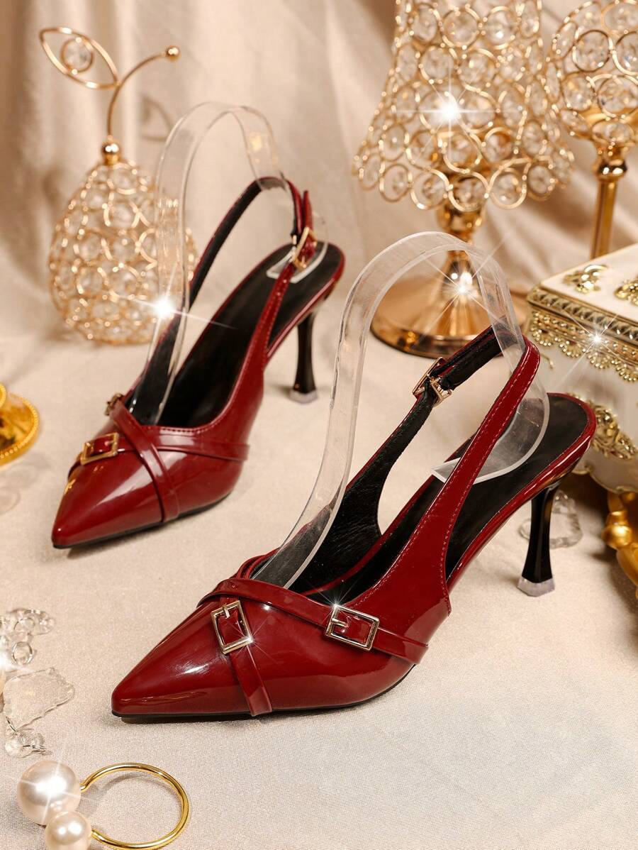 1 par de sandalias de tacón alto de punta estrecha color burdeos para niña, con parte superior de piel sintética, decoración de hebilla metálica, tacón de cuña, para uso casual, fiestas, viajes, verano, nueva llegada