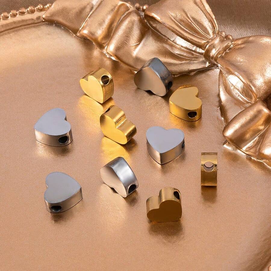 Juego de 5 cuentas huecas con forma de corazón de acero inoxidable de moda, adecuadas para hacer collares, pulseras y accesorios de joyería hechos a mano DIY