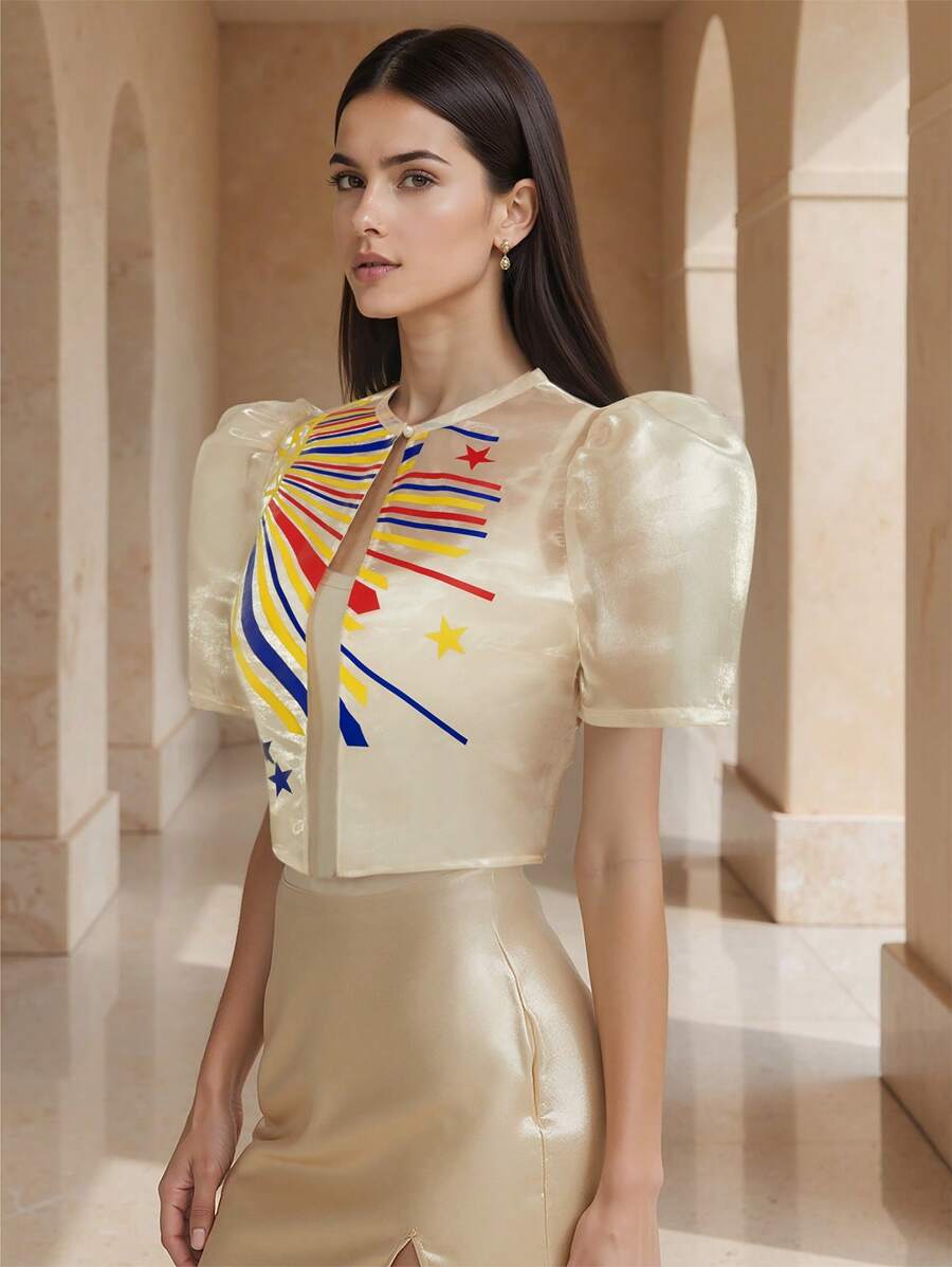 Amyenjoylife Modern Filipiniana Summer Fashion Temperament Printed Bubble Sleeve Short Sleeved Cardigan Top Bolero Filipiniana For Women