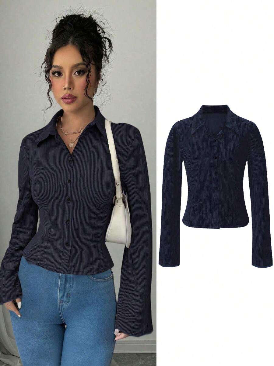 Blusa aderente a costine di un unico colido, con maniche a sbuffo, stile di moda Y2K, adatta per primavera estate autunno, casual, vacanze e uso quotidiano/pendolare