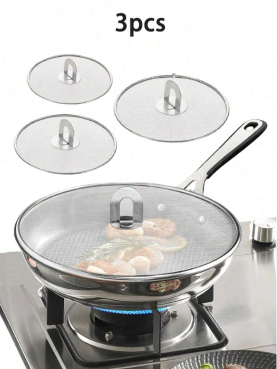 1 pieza/4 piezas Tapa antiderrames de acero inoxidable para sartén de cocina, pantalla antisalpicaduras de grasa para sartén con perilla plegable plana, protector antisalpicaduras de grasa, sin desorden de aceite de cocina, sin quemaduras, tapas de malla ultrafina, acero inoxidable antioxidante