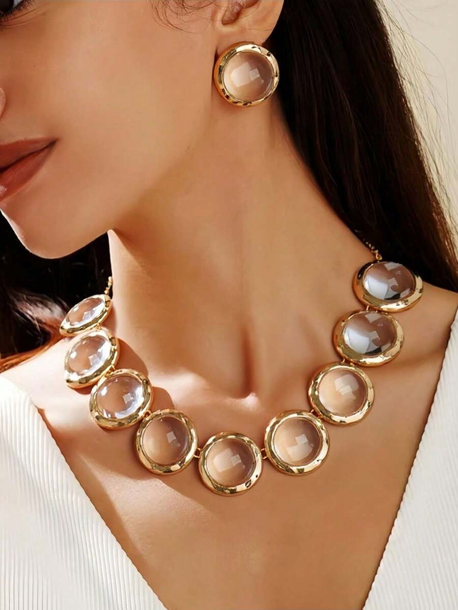 Set de joyas con collares y aretes con incrustaciones de círculos geométricos de acrílico, estilo metálico, joyas geométricas, joyas de uso diario, accesorios de moda, regalo festivo, joyas de fiesta