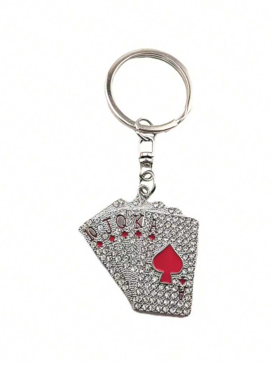 1pc Unisex Creative Rhinestone Poker A Pattern Stainless Steel Key Chain, Bag Charm