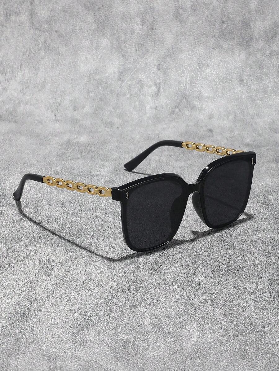 1 Pair Unisex Square Frame Chain Decoration Fashion Glasses, Fashionable Black Luxury Style Glasses Suitable For Beach, Daily Life, Vacation And Outdoor Travel Square Shape Shades