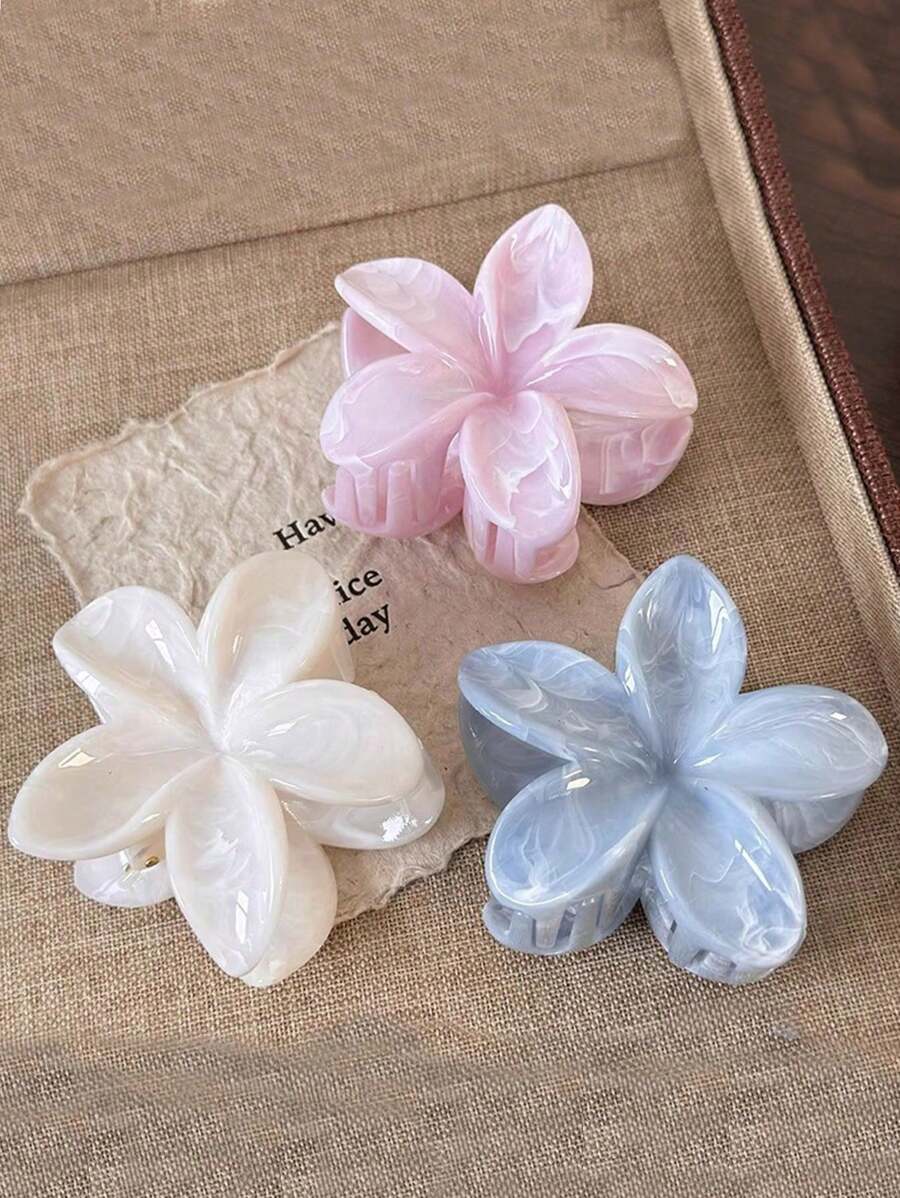 3 pezzi di fermagli per capelli in plastica a forma di fiore, femminili, di grandi dimensioni, 7 cm/2,76 pollici, colori rosa, bianco e blu, di moda, versatili, eleganti, di alta qualità, ideali per l'estate, adatti per capelli spessi, per la scuola e l'università