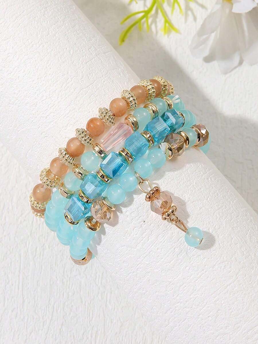 Set de 4 brazaletes elásticos con cuentas de cristal de moda creativa para niños, adecuado para uso diario, festivales, fiestas, accesorios de vacaciones para niñas