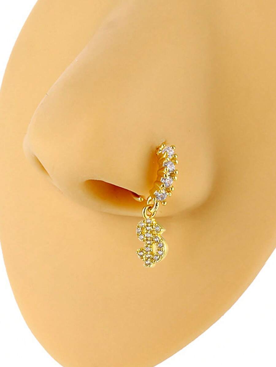 1pc Versatile US Dollar Pendant Nose Hoop With Cubic Zirconia, Copper Nose Ring/Ear Cuff Jewelry, Suitable For Everyday Wear