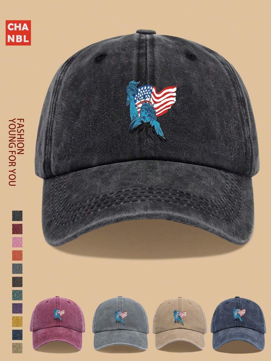 1 pieza Gorra de béisbol con estampado de moda, con diseño gráfico de la Estatua de la Libertad y la bandera de EE. UU., gorra de camionero negra transpirable y cómoda, sencilla corona suave de unicolor y visera curva, talla ajustable unisex para jóvenes y parejas, accesorio patriótico, estilo versátil para deportes al aire libre, escalada, pesca, cumpleaños, familia, Día de la Independencia, padres, artículo de estilo ideal