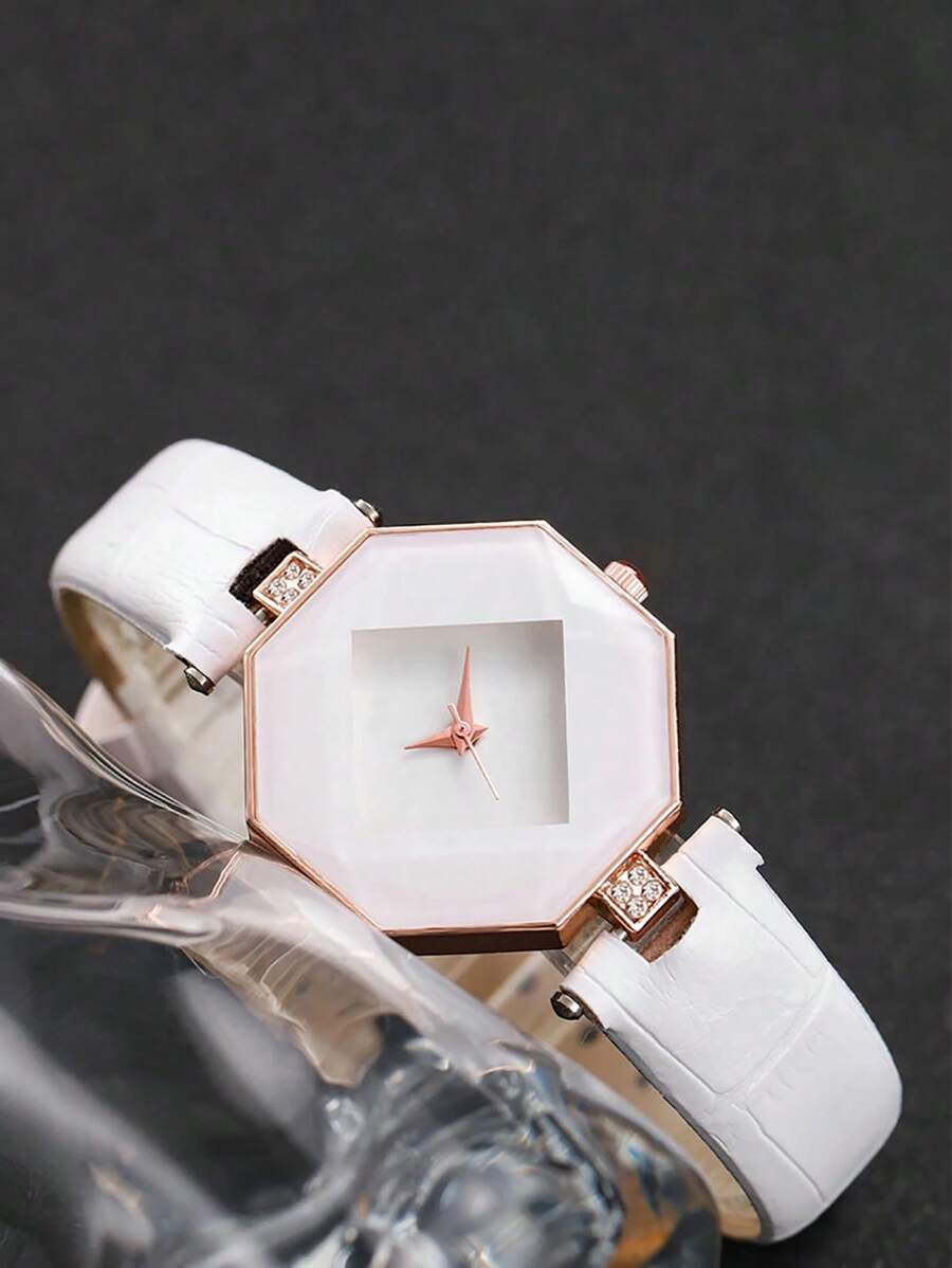 1 peça relógio de quartzo espelhado com losango branco elegante para mulheres, design minimalista