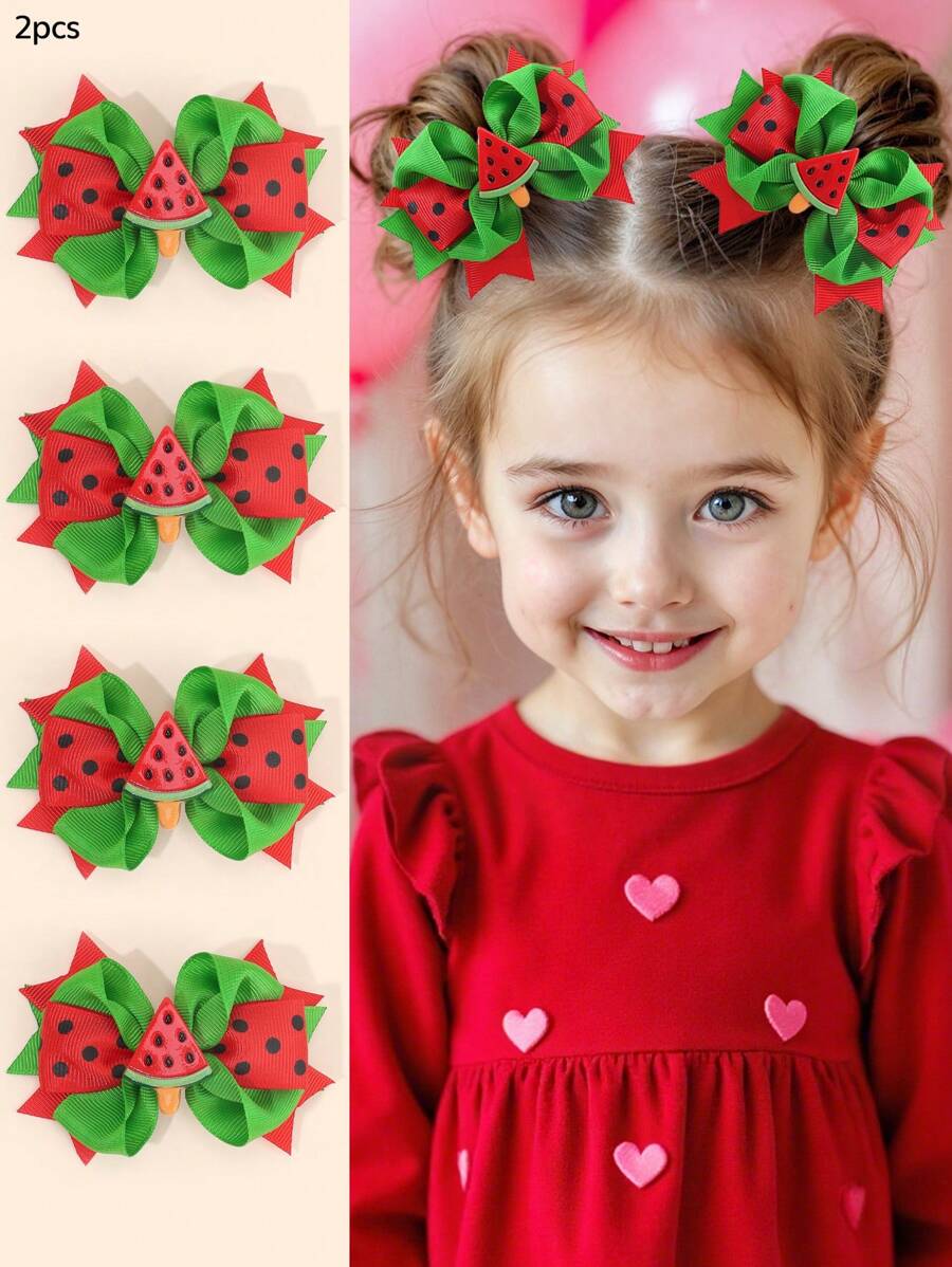 2pcs Red Fruit Hair Bow Clips For Girl,Fabric Watermelon Decor Bow Hair Clips,Fashion Alligator Clips Hair Accessories For Gifts