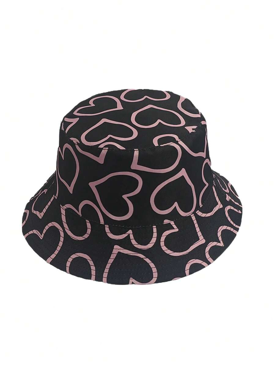 1pc Sweet Heart Print Reversible Bucket Hat, Women Fashion Versatile Sun Hat For Daily Wear And Valentine's Day