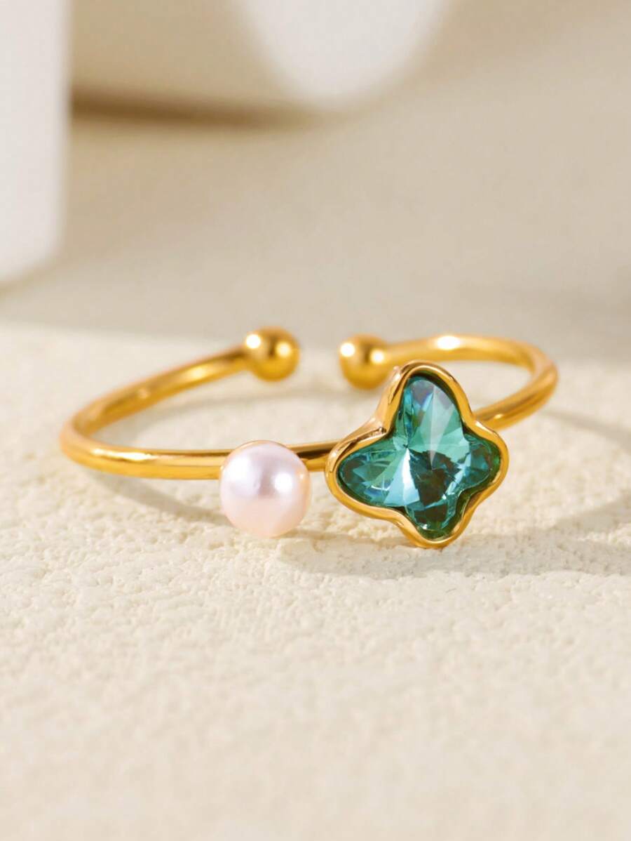 Anillos de acero inoxidable con pequeñas mariposas azules y flores, anillo de color dorado impermeable para mujeres, joyería de perlas falsas para boda, accesorios para vacaciones, regalo para mamá/mejores amigas/hija