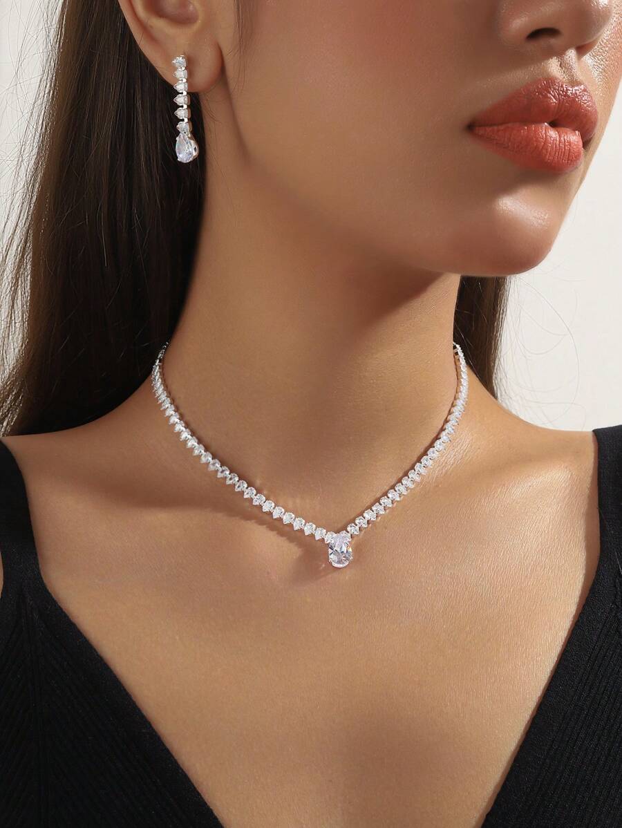 3 Peças Conjunto de Joias de Cristal de Zircônia Elegante Feminino, Colar + Brincos, Minimalista e na Moda, Adequado para Festas, Galas, Casamentos, Festivais e Combinação Diária