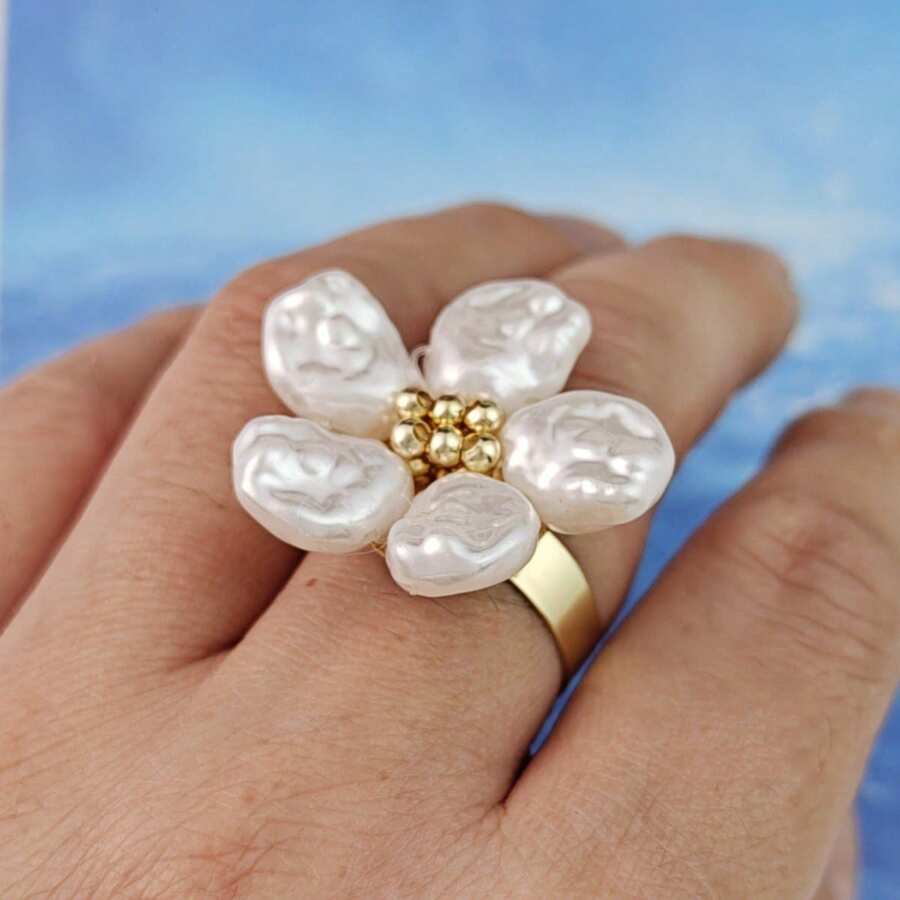 1 Peça Anel Ajustável com Desenho de Flor de Pérola Falsa Elegante, Joia Única para Mulheres