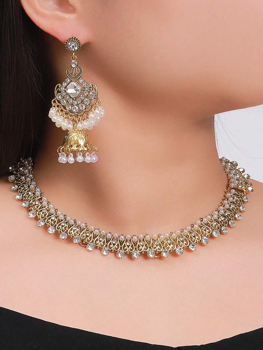 3pcs/Set Retro Faux Pearl Bead Tassel Bell Necklace & Earrings Set, Suitable For Women's Daily Wear Or Party