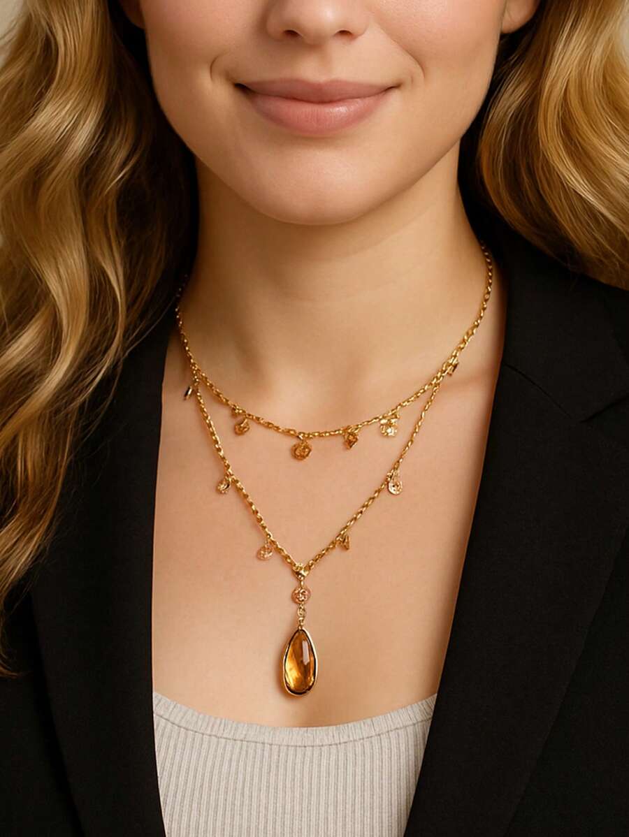 Dainty Layered Necklace With Yellow Teardrop Pendant For Women, Gold Chain Elegant Jewelry For Party Wedding Gift