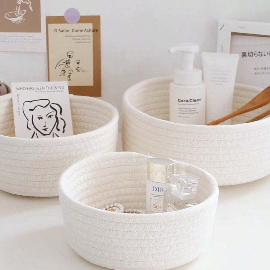 Panier de rangement de bureau tressé de style INS, boîte de rangement artisanale, cadeau créatif de forme ronde