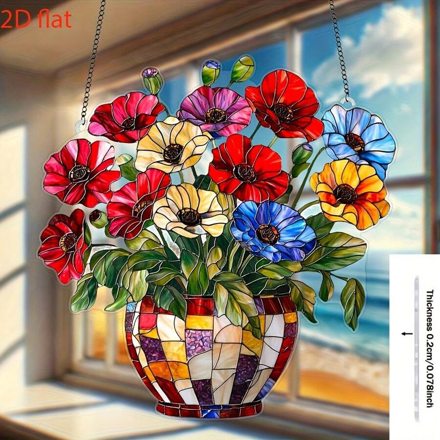 20,32 cm x 20,32 cm lebendiger Mohn Acryl Fensterdekor - Fenster Hängedekoration für Zuhause und Garten, ideales Geschenk für Blumenliebhaber, ohne Strombedarf, geeignet für Wohnzimmer, Büro und Outdoor Bereiche