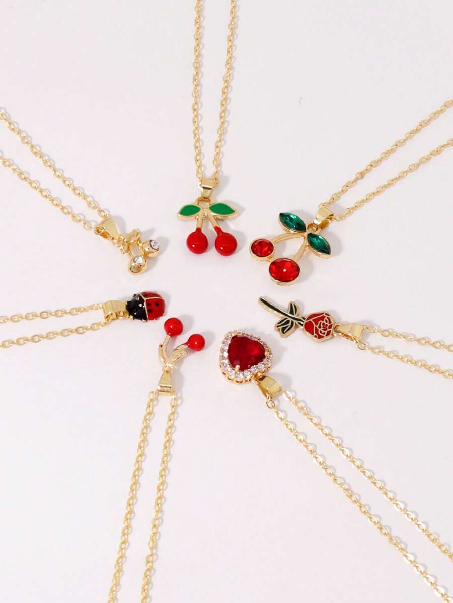 7 Stücke/Set eleganter Schmuckset mit Strass-Anhängern in Form von Kirsche, Herz, Rose, Marienkäfer, mehrschichtige Halsketten, geeignet für Frauen, Alltag, Date, Party, Urlaubsgeschenk