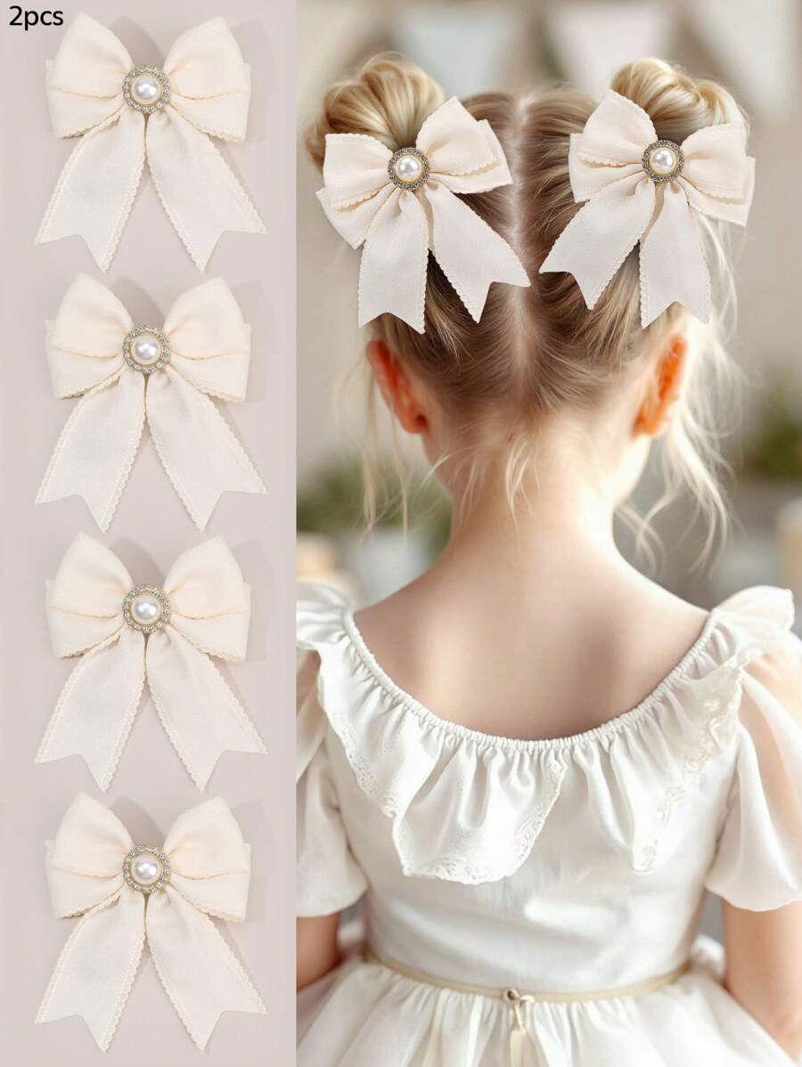 2 piezas Pinzas para el cabello con lazo en beige para niñas, decoradas con encaje, perlas y rhinestone, accesorios para el cabello de moda para uso diario de niñas