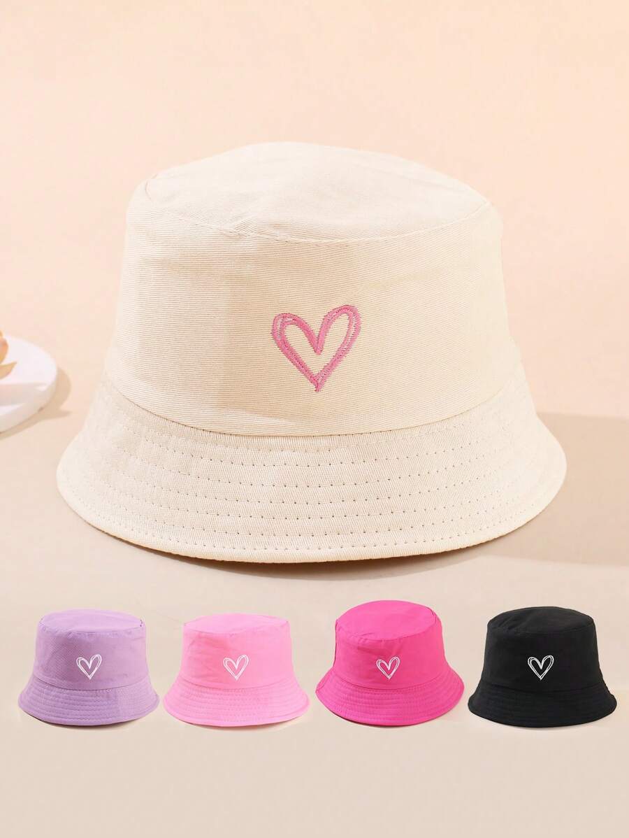 1pc Vintage Solid Color Heart Embroidery Kids Bucket Hat, Outdoor Sports Travel Sun Protection Sunscreen Bucket Hat For Boys And Girls