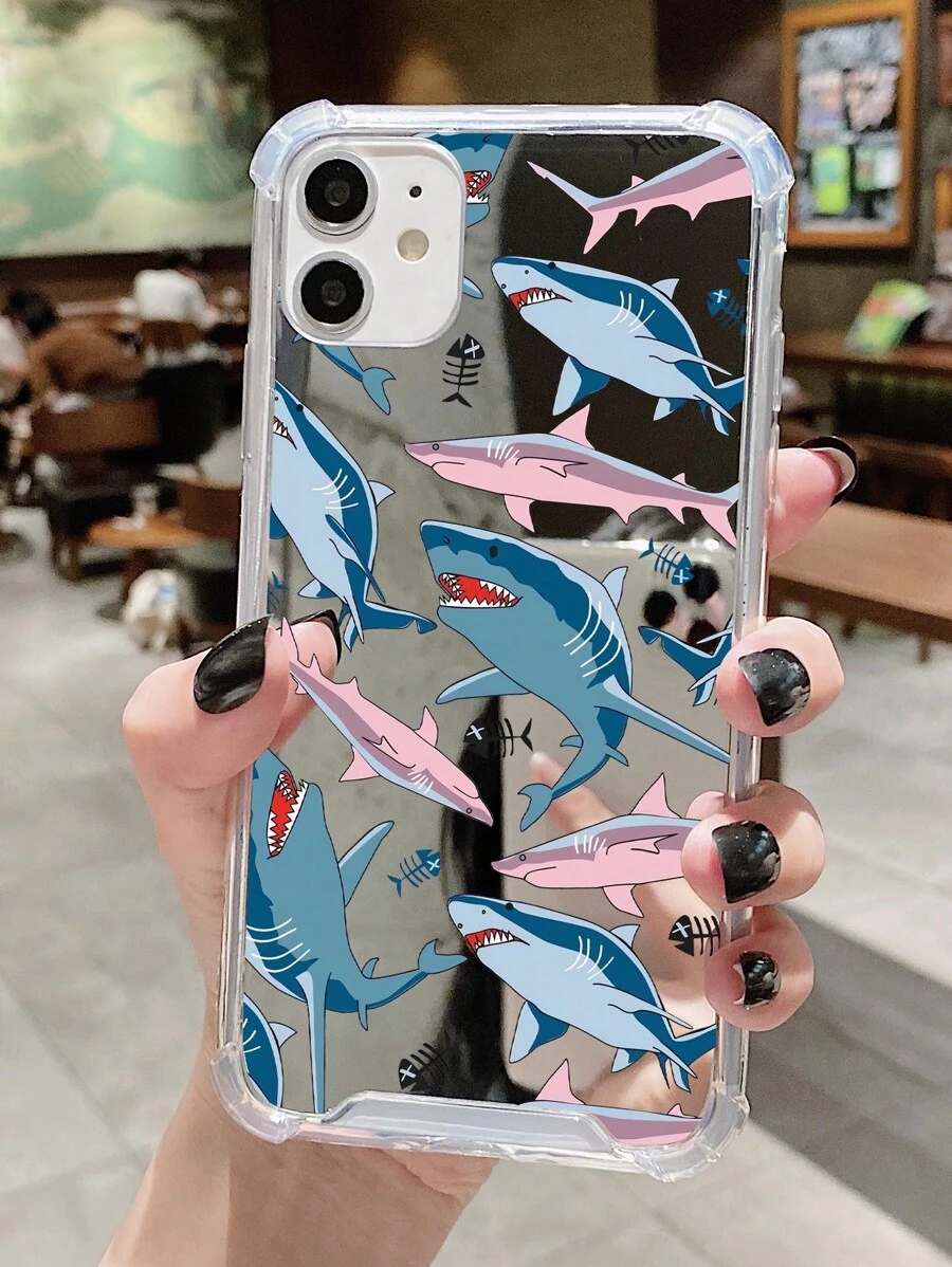 1 pieza Estuche de teléfono con espejo de acrílico con gráfico de tiburón de moda, compatible con iPhone 16/16Pro/16Plus/15/15ProMax/15Pro/11/12/13/14ProMax/12Mini/13Mini/11Pro/11ProMax/12Pro/12ProMax/13Pro/13ProMax/14Pro/14ProMax, suave y creativo