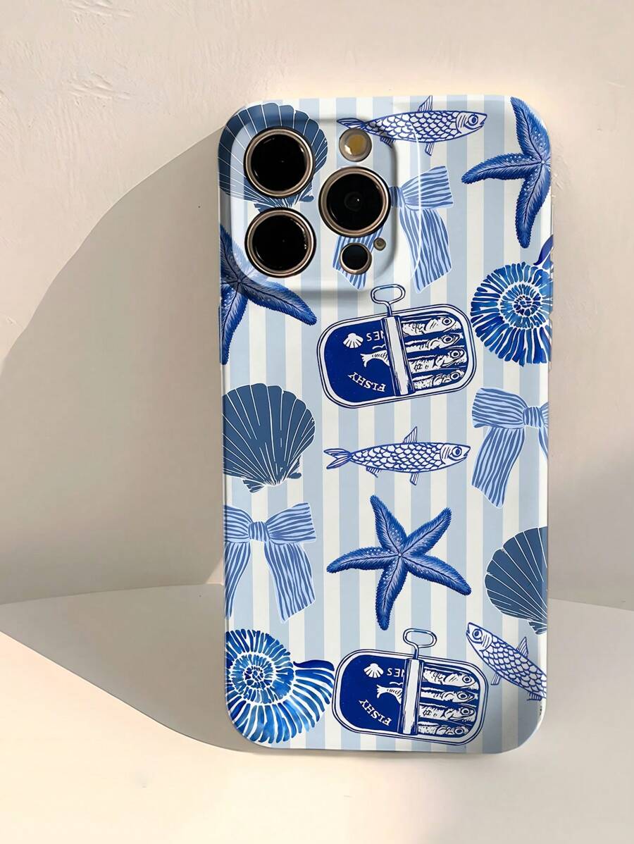 1 pieza Funda dura de teléfono con perforaciones brillantes y diseño divertido de pez a rayas, estrella de mar, concha, moño y eslogan de lata de pez, compatible con iPhone 11/12/13/14/15/16 Pro Max