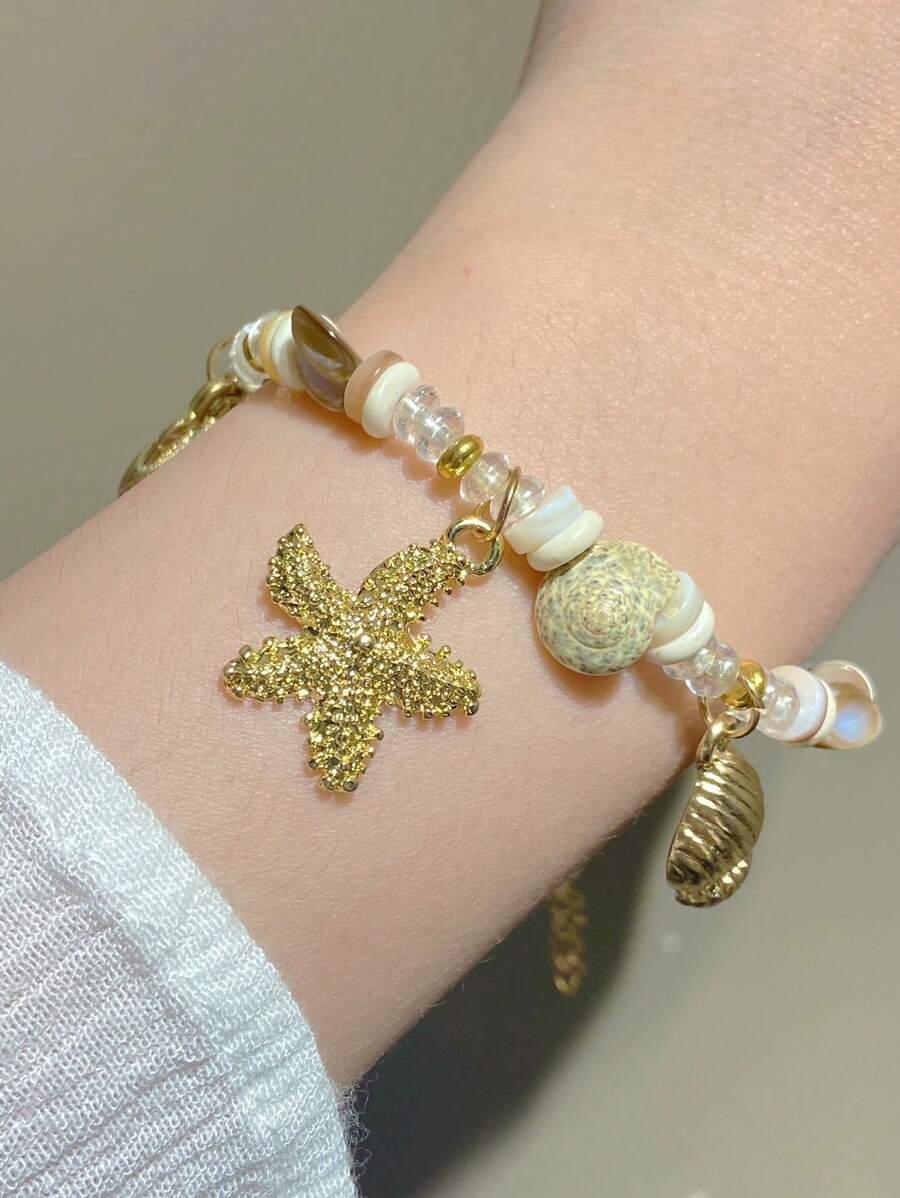 1 Peça Pulseira Feminina com Decoração de Conchas Marinhas, Estrelas-do-mar e Contas, em Estilo Praia de Verão, Elementos Oceânicos da Moda Adequados para Praia, Férias, Festa, Uso em Festivais de Música