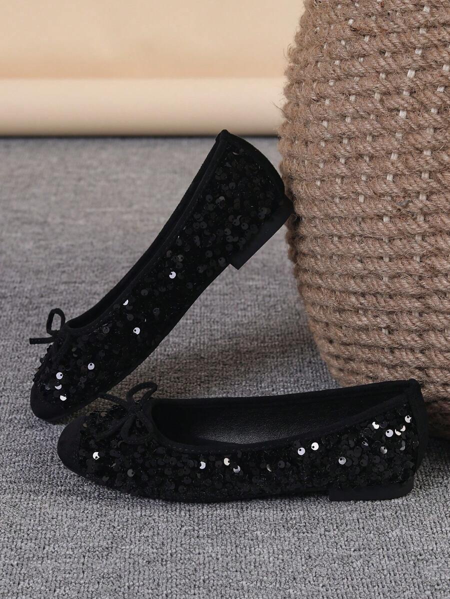 Bailarinas para mujer, zapatos planos de punta cuadrada con suela blanda, zapatos planos versátiles con lazo, mocasines planos negros con lentejuelas, tallas grandes 35-43, corren un tamaño talla grande grande