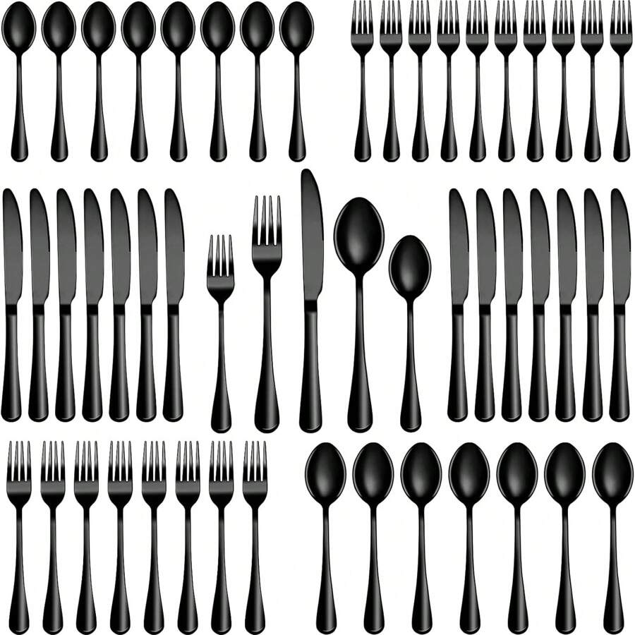 Juego de cubertería de 30 piezas de acero inoxidable negro PVD, servicio para 6 personas, cubiertos negros brillantes y duraderos para el hogar y la cocina, incluye cuchillo, cuchara y tenedor