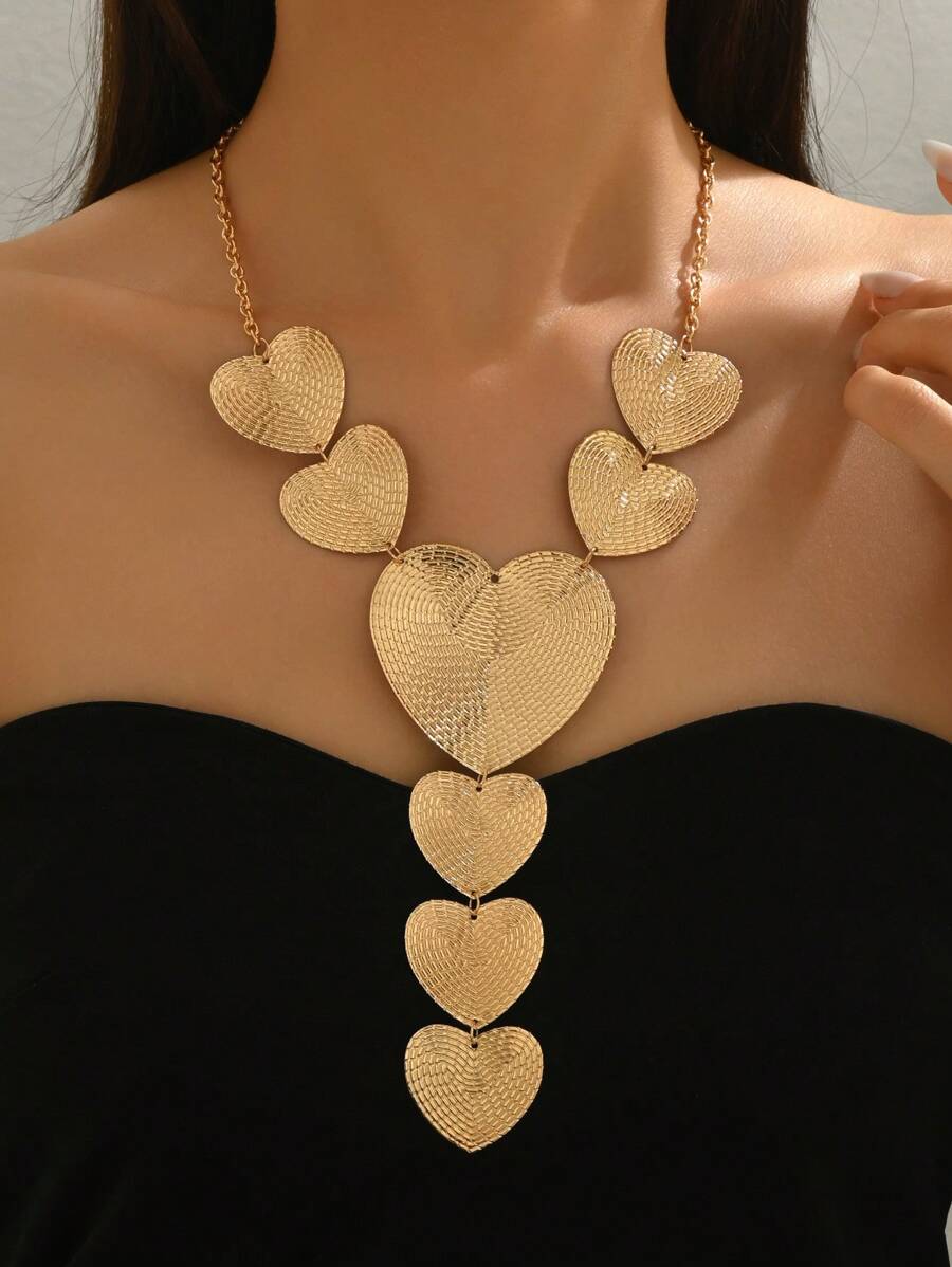 1 pieza Collar en forma de Y con estilo metálico exagerado para mujeres, diseño bohemio vintage geométrico de corazón de parches, cadena de clavícula, adecuado para uso diario, calle, espectáculo, ocio, accesorio versátil