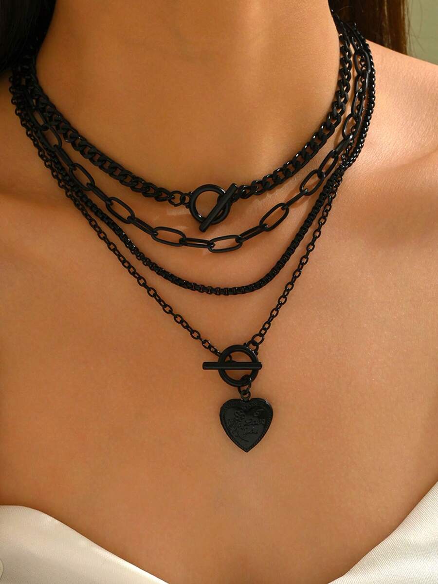 4pcs Fashionable Multilayer Necklace With Dark Metal Heart Pendant, Suitable For Women's Daily Wear, Party, Festivals, Special Occasions, Ideal For Holidays, Gifts, Women's Accessories, Halloween, Valentine's Day