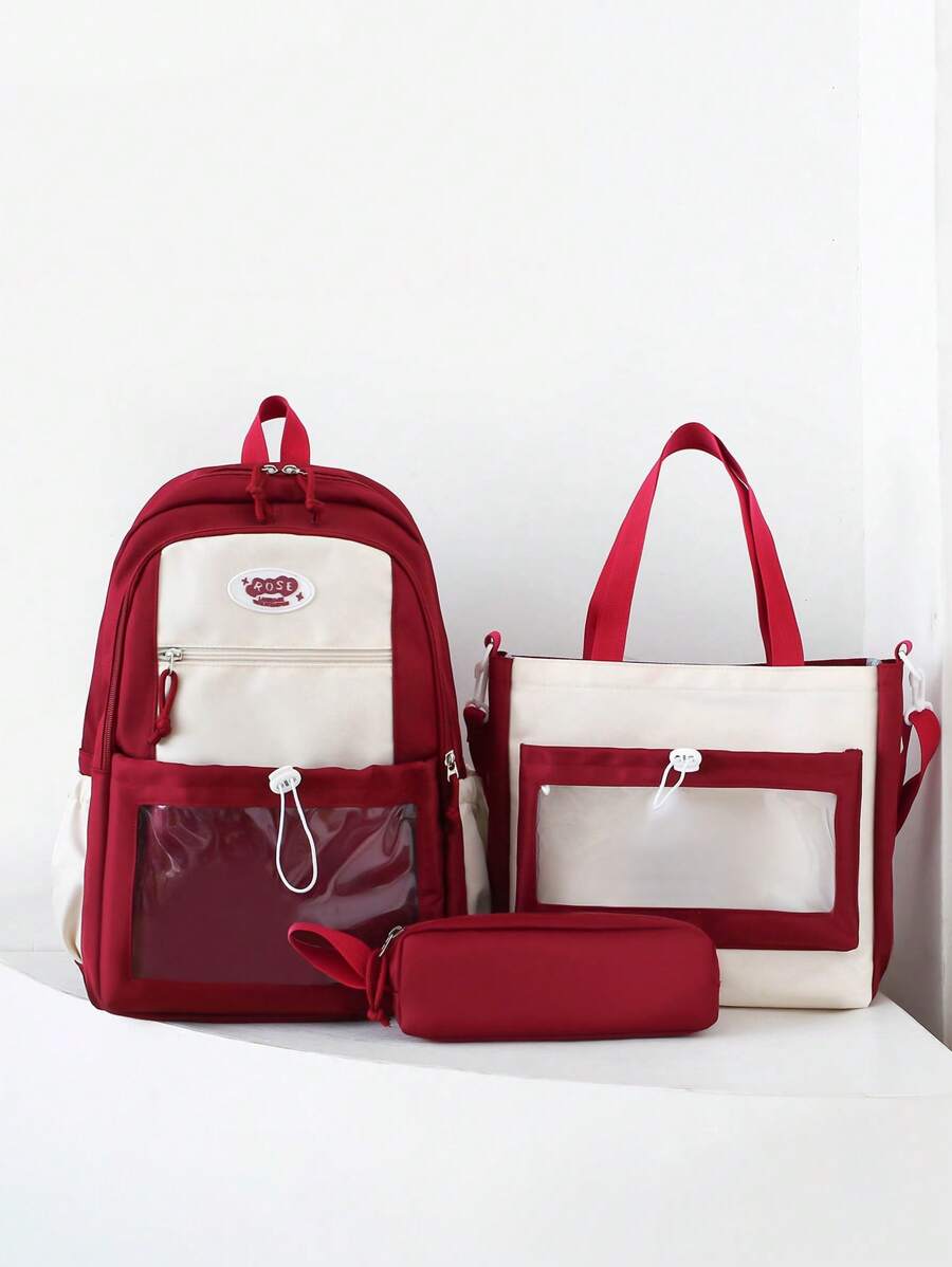 Back To School 3 Pcs Set New Style, Fashionable And Casual Nylon Material Solid Color Backpack, Handbag, Pencil Bag, Large Capacity, Smooth Zipper Opening And Closing, Simple And Versatile, Suitable For Daily Outdoor Travel, Shopping And Vacation Matching