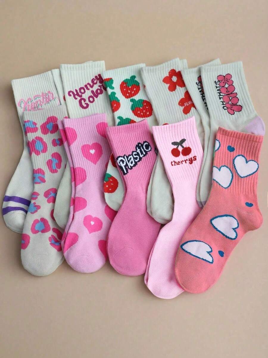 5 Pairs Assorted Cute Pink Pattern Soft & Comfortable Crew Socks For Women, Heart, Flower And Strawberry Designs, Suitable For Daily Wear, Casual, Sports, All Seasons