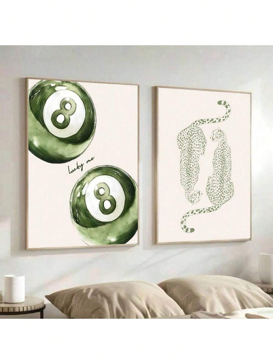 Set Of 2 Unframed Green Cheetah Lucky 8 Pool Ball Y2K Preppy Art Poster Aesthetic Girly Room Decor Funky Painting Canvas Print Minimalist Wall Picture For Dorm,College Apartment,Living Room,Bedroom,Modern Home Decoration