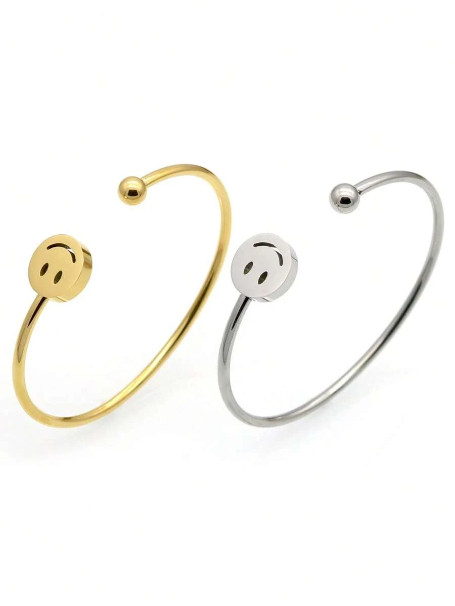 2pcs Set 18K Gold Plated Stainless Steel Smiling Face Bracelets, Fashionable Wear, Suitable For Women Party, Daily Wear, European And American Style, Personalized, Generous, Wedding Jewelry Set, Gift For Girls, Women, Relatives, Friends, Beautiful Wedding, Birthday, Valentine's Day, Mother's Day