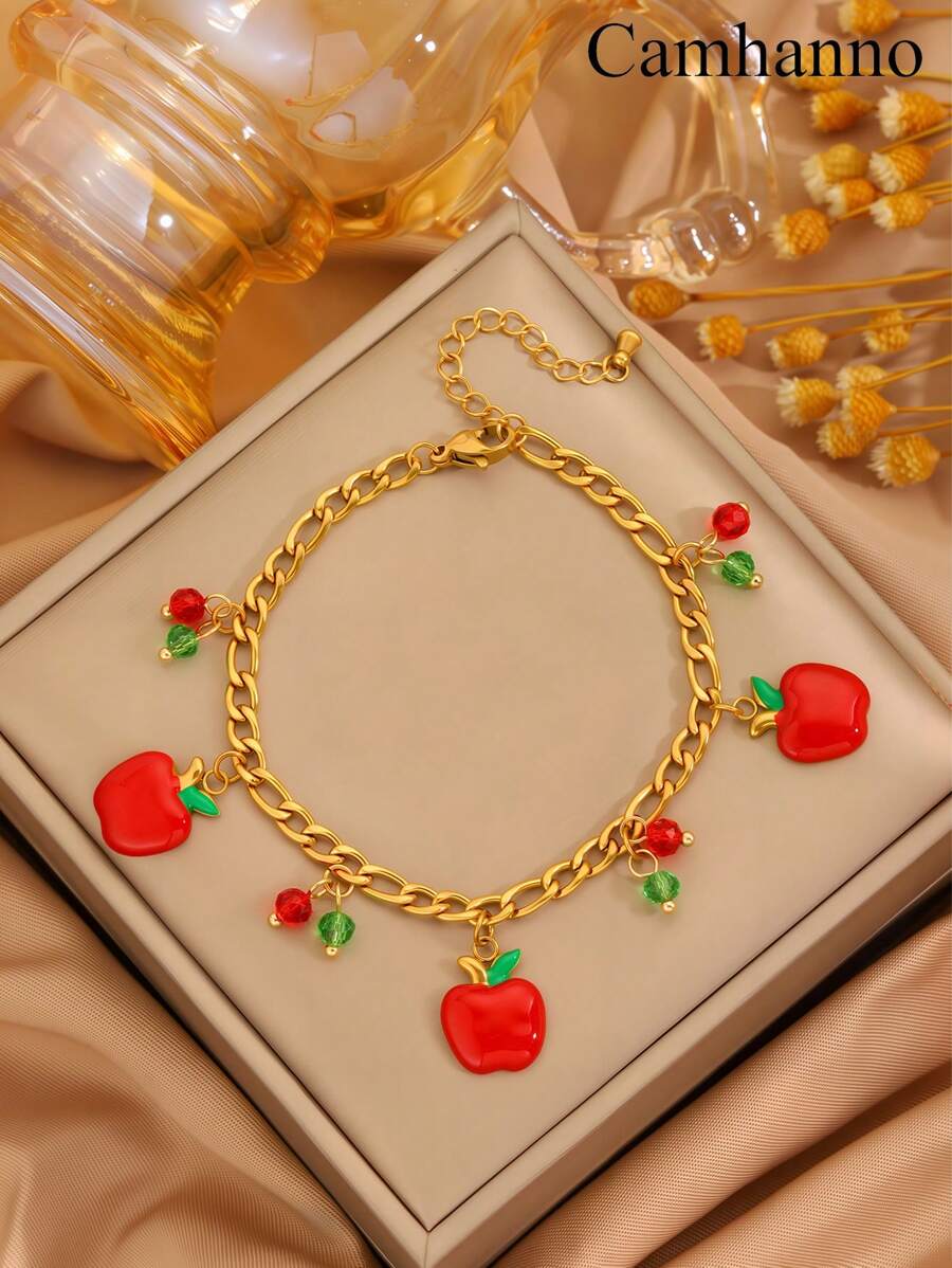 Camhanno 1 pièce Bracelet doux en acier inoxydable doré au design unique, pendentif de fruits mignons et frais, accessoire de bijoux, cadeau, style décontracté, accessoire de bijoux polyvalent pour toutes les saisons
