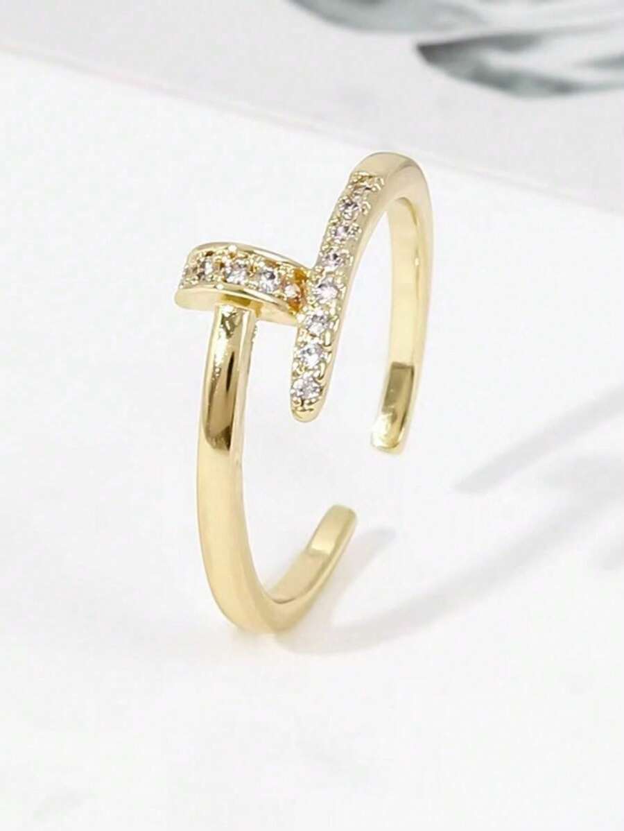 1 pieza Elegante anillo abierto con circonita cúbica, anillo abierto para el dedo de color dorado para mujeres, apto para uso diario, citas, vacaciones, gran regalo para amigos