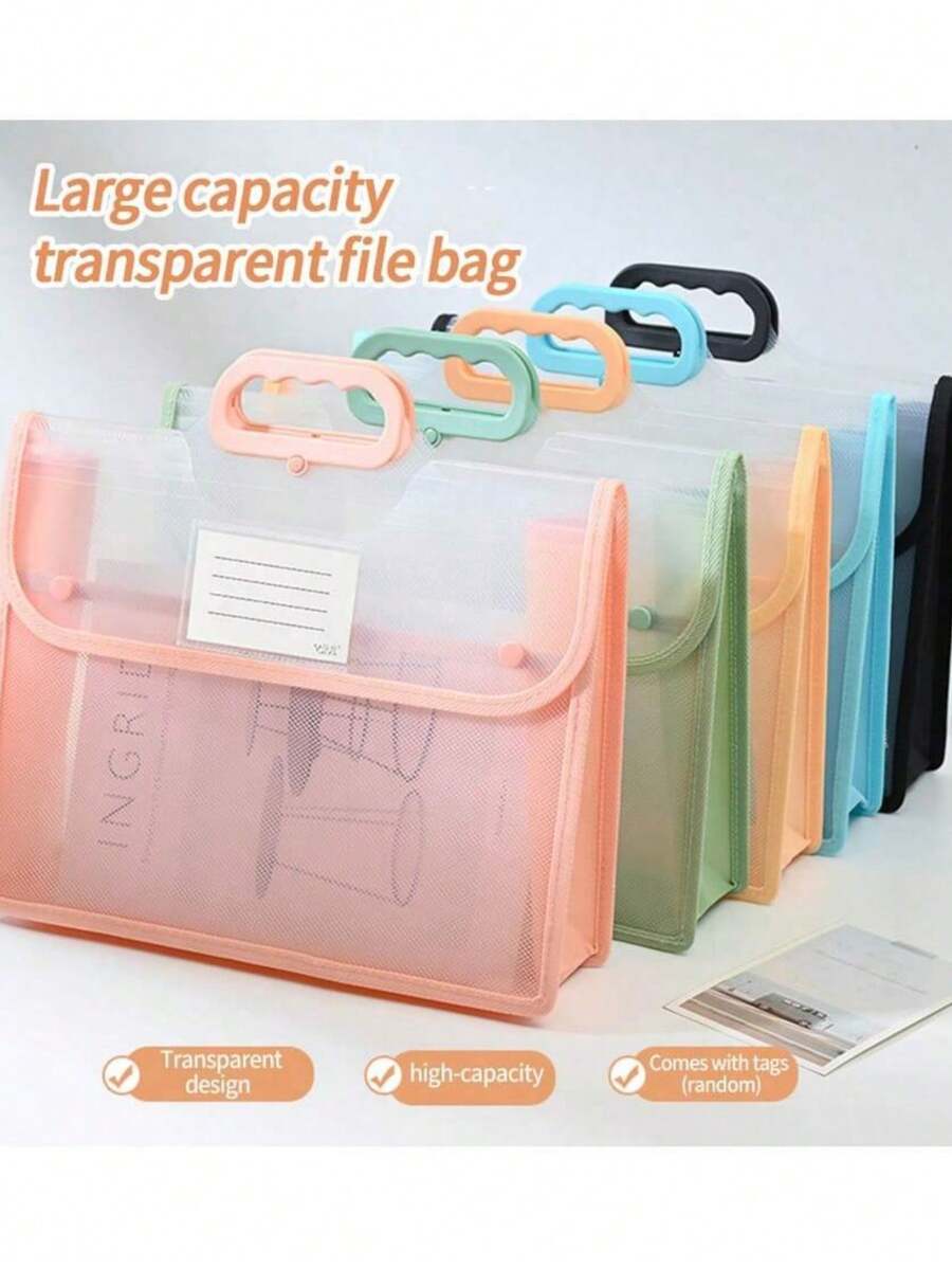 1pc A4 Double Layer Handle Bag, Transparent & Thick Multi-Function File Folder Bag, PVC Waterproof Student Homework Bag, Large Capacity, Stylish Minimalist Desk Organizer, Stationery Supply Subject Sorting Bag, Suitable For Daily Commuting, Back To School, School Supplies